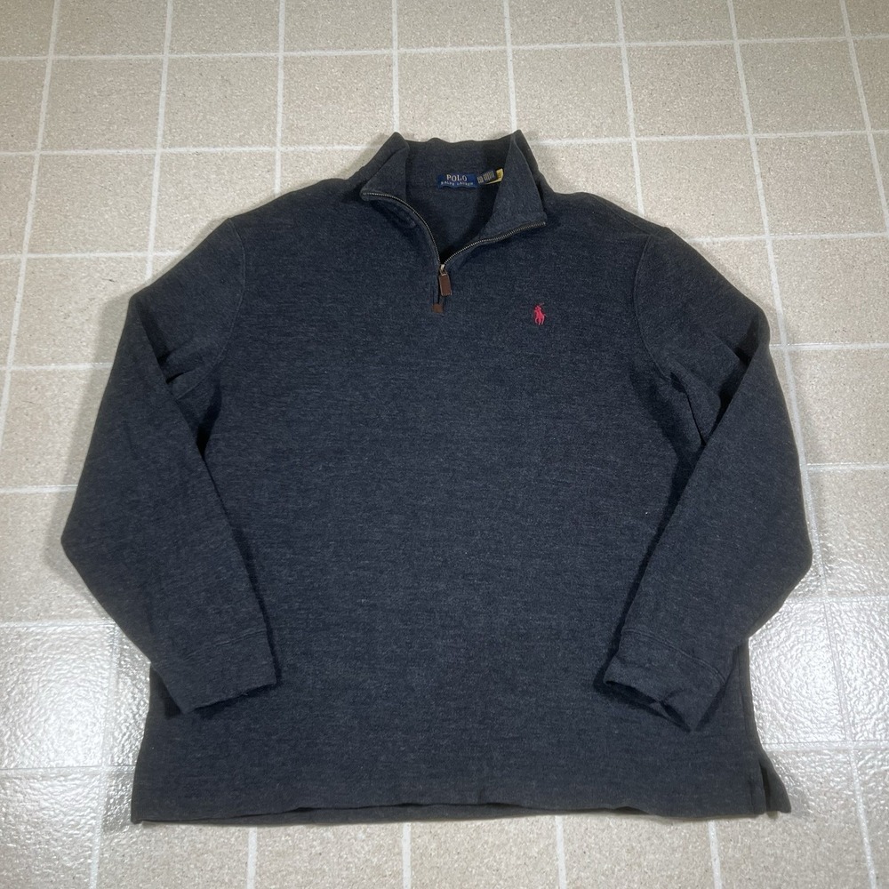 Ralph Lauren Polo Mens 1/4-Zip Embroidery Logo Pullover Sweater Gray/Red (2XL)